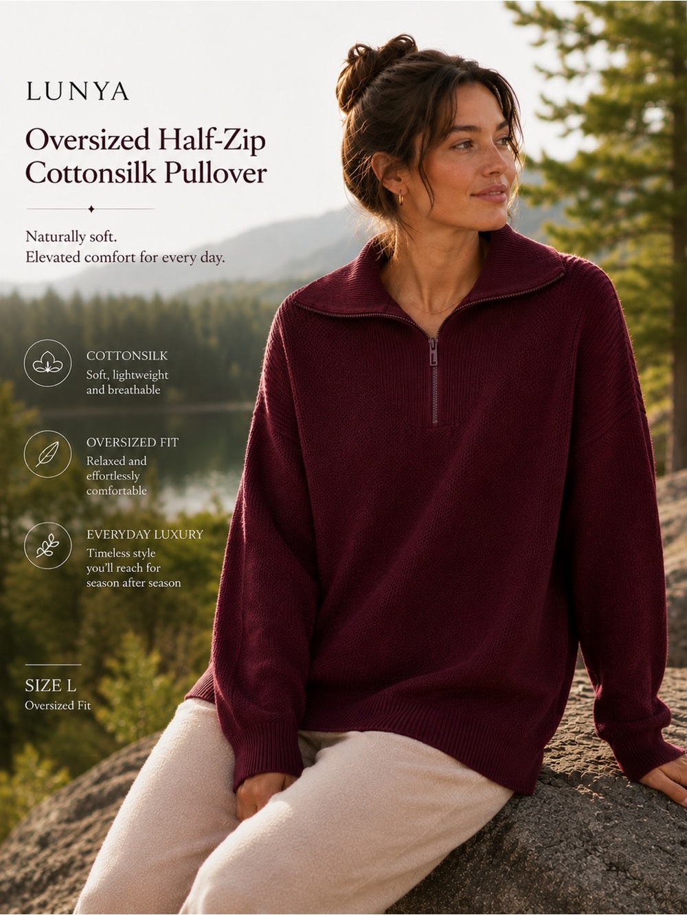 Oversized lunya Half-Zip Cottonsilk Pullover in Rich Burgundy